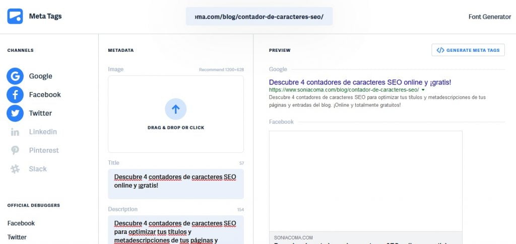 pantallazo de la herramienta metatags.io